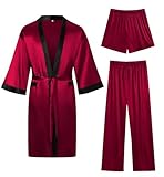 SWOMOG 3Pcs Men's Satin Robe Silk Satin Kimono Bathrobe with Shorts&Pants Set Soft Lightweight Nightwear