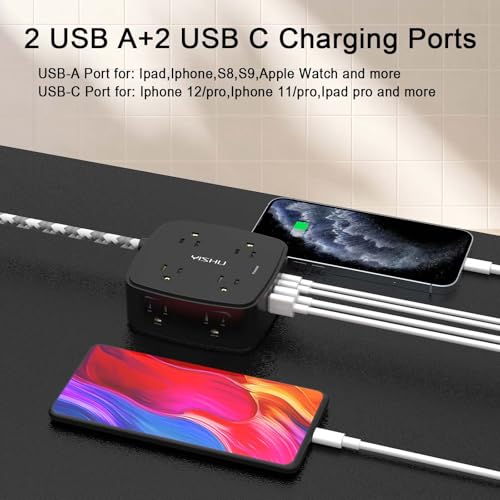 Image of Surge Protector Power Strip - YISHU 8 Outlets with 4 USB (2 USB C) Charging Ports, 6Ft Braided Extension Cord, Flat Plug Multi Plug Outlet Extender Charging Station for Home Office, ETL, Black