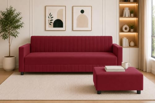Image of Modern 3-Seater Velvet Sofa with Ottoman | Vertical Channel Tufted Backrest | Plush Cushioned Seating | Stylish Contemporary Sofa for Living Room, Bedroom & Office | Red