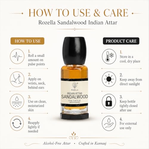 Image of ROZELLA Sandal Wood Authentic Attar for Men and Women | Creamy Woody Aroma Perfume Oil | Traditional Fragrance Blend | Non Alcoholic Long Lasting Fragrance Attar | 3 ml