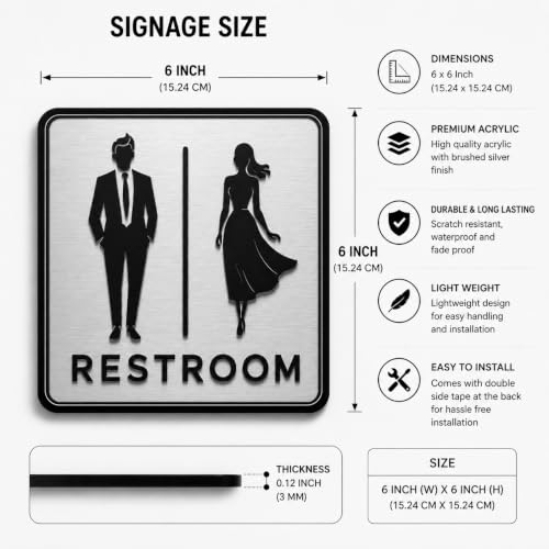 Image of Premium Brushed Silver Unisex Restroom Door Sign | Acrylic Toilet Washroom Sign with Self-Adhesive Tape | Modern Bathroom Signage for Office, Store, Cafe, Restaurant, Hotel & Commercial Spaces