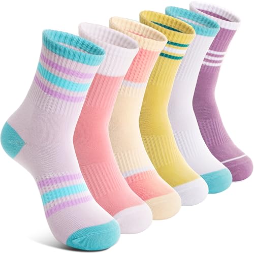 Welwoos - Welwoos Kids Girls Socks Athletic Sport Crew Cotton Breathable Soft Gift Socks 6 Pairs Stocking Stuffers (Light Stripes,5-8 Years) - -15%