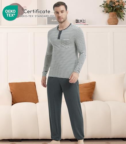 Image of NACHILA Mens Pajamas Set Long Sleeve Henley Sleepwear Top Soft Jogger Pants Pajamas Cool Pjs Set,Viscose Made from Bamboo
