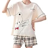 RGVV Schlafanzug Damen Kurz, Weicher Atmungsaktiver Pyjama Cartoon Bär Flugzeugdruck T-Shirt Kariert Hotpants Baumwolle Loungewear Sets Neuheit Sommerkleidung Für Frauen Teenager Mädchen,M