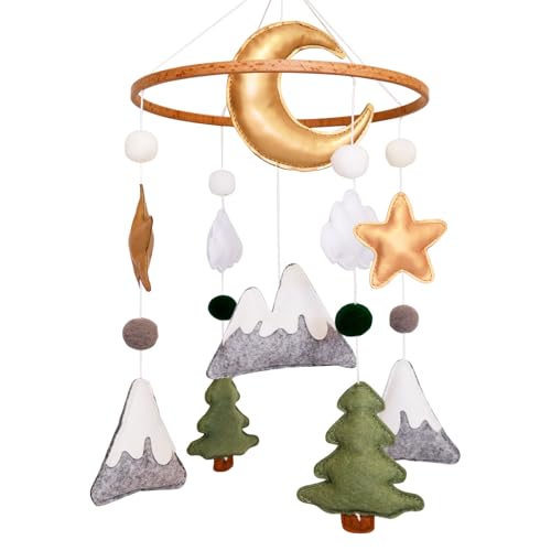 Image of Woodland Baby Crib Mobile, Mountain Mobile for Crib for Boys & Girls, Neutral Nursery Mobile, Baby Shower Gift, with Moon, Trees, Stars & Clouds