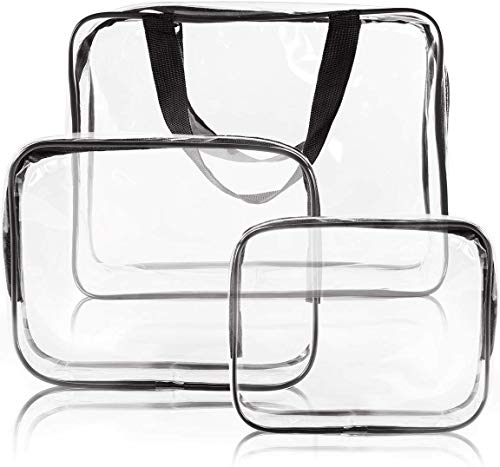 3pcs Crystal Clear Cosmetic Bag TSA Air Travel Toiletry Bag Set with Zipper Vinyl PVC Make-up Pouch Handle Straps for Women Men Waterproof Packing Organizer Storage Diaper Pencil Bags Black