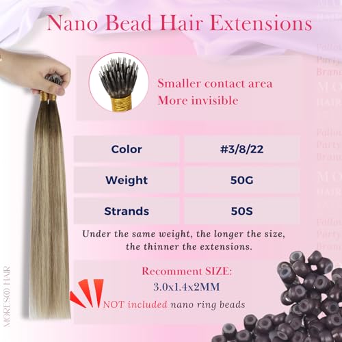 Moresoo Nano Hair Extensions Real Hair 16 Inch Nano Bead Human Hair Extensions Ombre Dark Brown to Chestnut Brown with Medium Blonde Cold Fusion 1G/S 50G/Pack #3/8/22 - Image 3