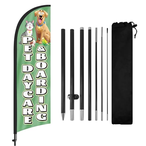 Pet Daycare Boarding Advertising Swooper Flag Banners, Pet Daycare Boarding Feather Flags with Pole and Ground Stake 8Ft, Advertising Feather Banner Sign for Pet Daycare Boarding Business