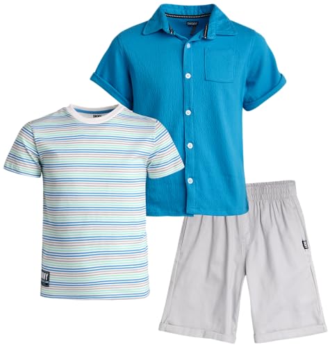 Image of DKNY Boys 3 Piece Button Down Shirt Crewneck Tee and Twill Shorts Set | Woven Button Down, Soft Tee and Matching Shorts, Breezy Lightweight Comfort for Everyday Summer Wear and Play