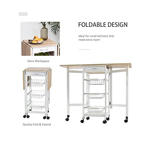 HOMCOM Drop-Leaf Kitchen Cart Trolley w/ 3 Baskets Drawer Surface Top 6 Universal Wheels Rolling Storage Unit Kitchen Home Dining Island White Oak Tone - Image 5
