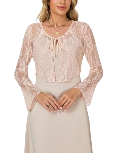 Torera Mujer Encaje Bolero Chaqueta Chaleco Cárdigan Corto Crochet Través Manga Larga de Malla Boda Corta Fiesta Elegante Rosa M