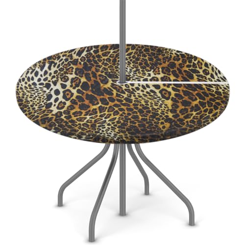 Round Outdoor Fitted Tablecloth with Umbrella Hole, Leopard Print Elastic Table Cloth Animal Leopard Print Waterproof Table Cover with Zipper for Patio Picnic, 45