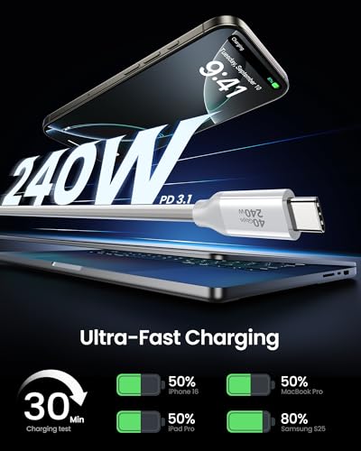 Image of Silkland USB 4 Cable for Thunderbolt 4 [6.6FT /2M], 40Gbps Data Sync, 8K /5K@60Hz, 240W Fast Charging, USB C Thunderbolt Cable, Compatible for MacBook, iPhone 16, iPad, SSD, Docking, eGPU, White