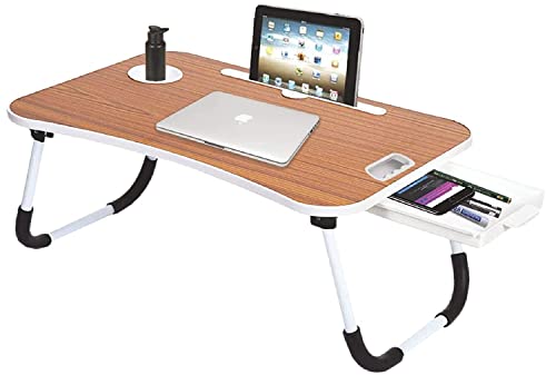 Callas Multipurpose Foldable Laptop Table with Cup Holder | Drawer | Mac Holder | Table Holder Study Table, Breakfast Table, Foldable and Portable/Ergonomic & Rounded Edges/Non-Slip Legs (WA-27-Brown)