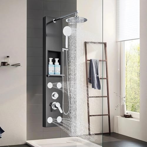 TTICCTIY Badezimmer Duschpaneel Säule Turm Edelstahl Wandmontage Hydraulische Hydromassage Dusche Regendusche Duschturm Panel Schwarz
