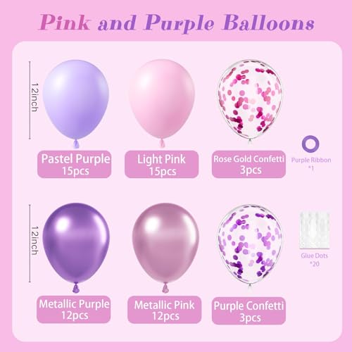 Image of 61pcs Pink and Purple Balloons, 12 Inch Purple Pink Confetti Latex Balloons, Metallic Balloon for Bridal Baby Shower Wedding Women Birthday Party Decorations