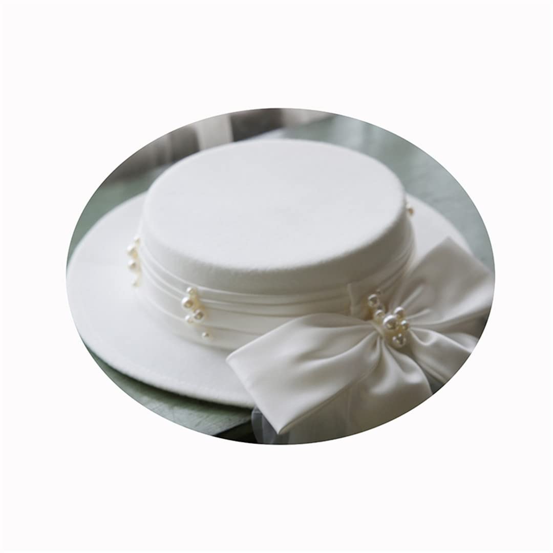 Lmtossey Cappello da Sposa in Raso Bianco Cappello da Cerimonia Nuziale con Fiocco Grande Perla Cocktail Party Elegante Fascia Fedora Velo Lungo Cappello da Sposa in Rete Tiara