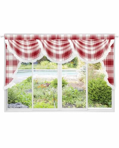 Red White Ombre Checkered Classical Swag Valances for Kitchen Window