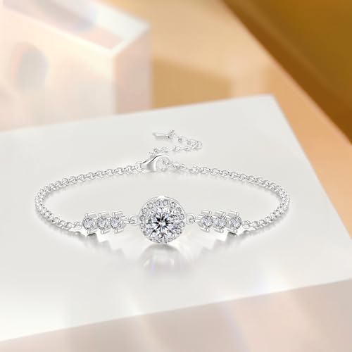 1CT Dainty Moissanite Starry Hand Bracelet for Women D Color VVS1 18K White Gold Plated S925 Chain Jewelry for Mother Love Friend Mother’s Day Birthday Gift for Her 7+2inch4