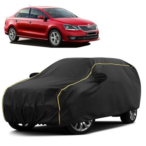 Image of Sulfar 100% Water Resistant Car Body Cover Compatible with Mirror for Skoda Rapid (Triple Stitched, Full Bottom Elastic, Black Taffeta with Yellow Piping)
