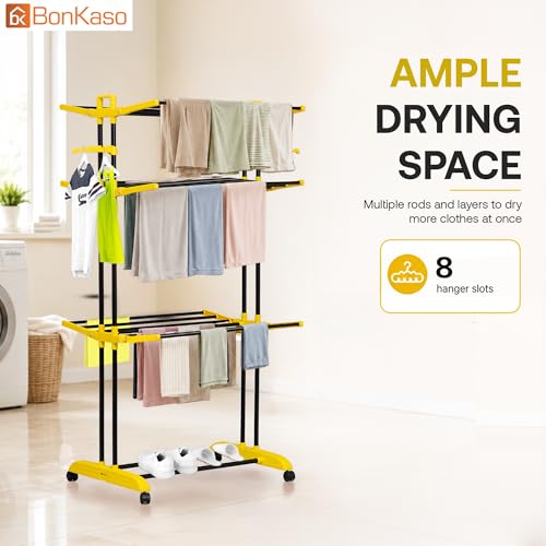 Image of BonKaso AirFold Plus 3-Tier Foldable Clothes Drying Stand, Laundry Rack with Wheels and 8 Hanger Slots for Indoor Outdoor Home
