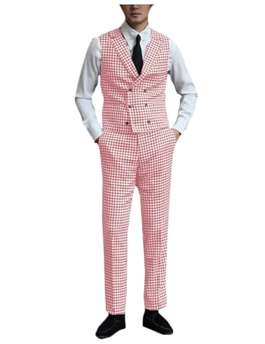 ONAXTDA Mens Houndstooth 2 Piece Suit Slim Fit Casual Double Breasted Vest Pants Set for Spring Autumn