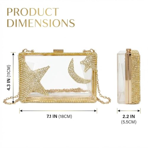 Image of Ladies Clear Acrylic Moon and Star Rhinestone Chain Bag Sparkly Transparant Clutch Purse for Women Evening