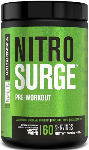 Image of Jacked Factory NITROSURGE Pre Workout Supplement - Endless Energy, Instant Strength Gains, Clear Focus, Intense Pumps - NO Booster & Powerful Preworkout Energy Powder - 60 Servings, Arctic White