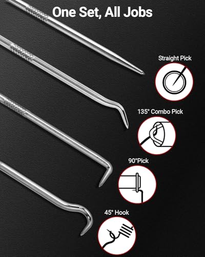4-Piece Hook and Pick Set, Precision Automotive Pick Tool &amp; O Ring Pick Set with Comfort Grip &amp; Anti-Slip Shaft for Oil Seal, Gasket Removal, and Electronic Repair
