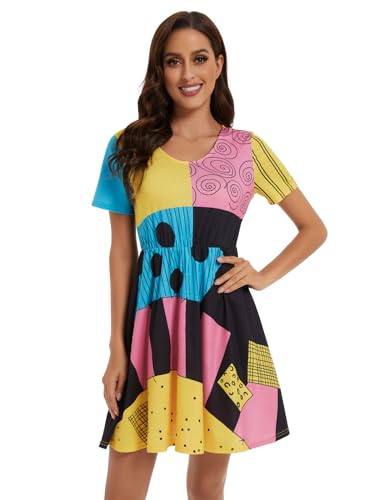 ICEYOU Sally Costume Women Halloween Short Sleeve Sally Dress