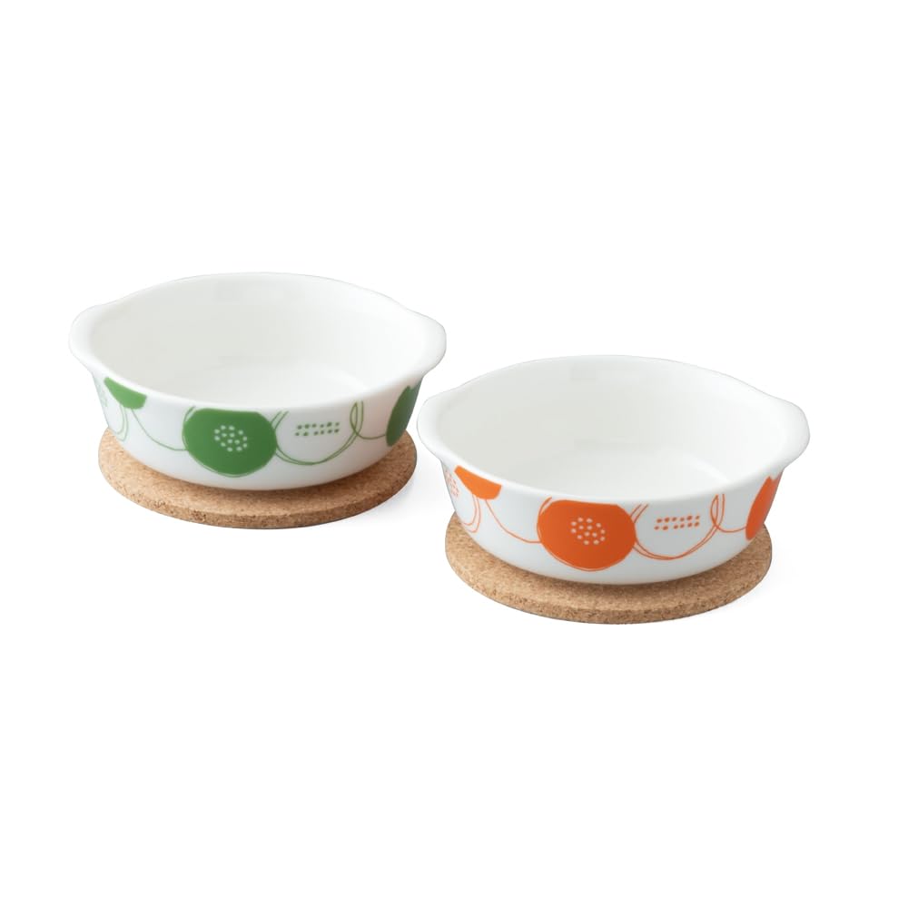 Narumi 41797-33555 Au Gratin Dish Set, Polka Dot, 5.1 inches (13 cm), Set of 2 Patterns, Orange, Green, Cute, Pop, Cork Mat, Microwave, Oven Safe, Made in Japan, Gift Box Included