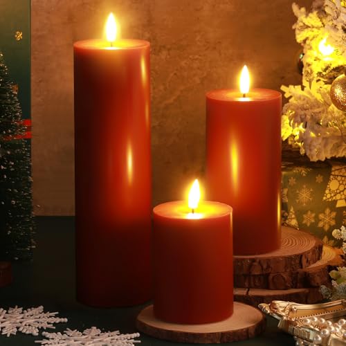 Image of Retisee 3 Pcs Fall Thanksgiving Large Flameless LED Battery Operated Candles with Remote Halloween Real Wax Candles for Indoor Outdoor Party Wedding Lights Decorations (Red)