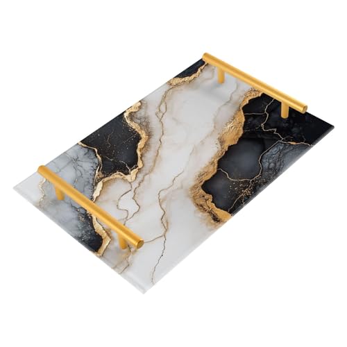 Bandeja decorativa de mármol blanco y negro con asas con asas,...