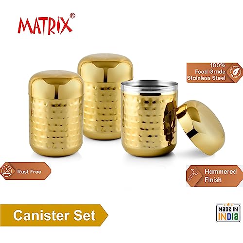 Image of MATRIX Stainless Steel Hammer Finish Capsule shaped Canister Set of 3 | Kitchen Containers Set | Tea Coffee Sugar Canister | 100% Food Grade Stainless Steel Storage Containers (Golden Color Coated)