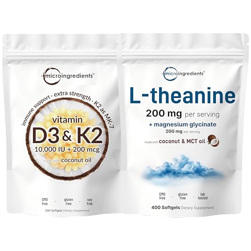 Micro Ingredients Vitamin D3 10,000iu + K2 200mcg & L-Theanine 200mg with Magnesium Glycinate Bundle 2 Pack | Coconut MCT Oil Infused Softgels | Amino Acid & Mineral Complex