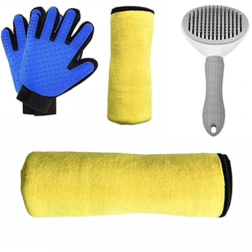 Minchsrin Pet Grooming Set for Dogs and Cats - Five Fingers Separate Pet Grooming Gloves 1Pair - Pet Grooming Brush - Pet Drying Towel (23,6Ihch X 11.8Inch and 39.3Inch X19.7Inch (Yellow)