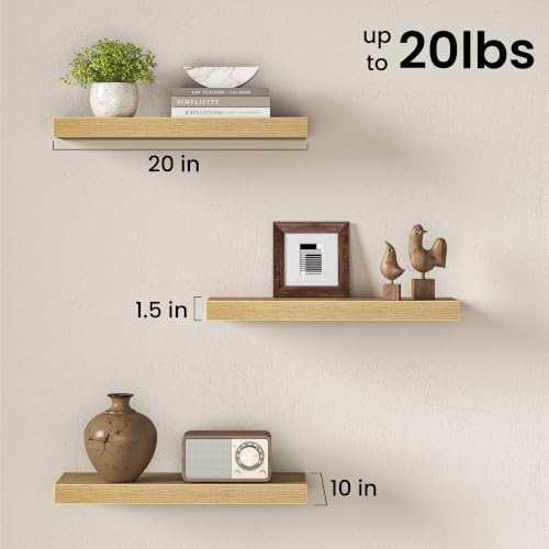 Image of Fun Memories 10 inch Deep Floating Shelves with Invisible Brackets, 20 inch Wall Shelves for Bathroom Bedroom Living Room, Modern Rustic Shelves for Home Decor, 20 inch W x 10 inch D x 1.5 inch H, Set of 3, Oak
