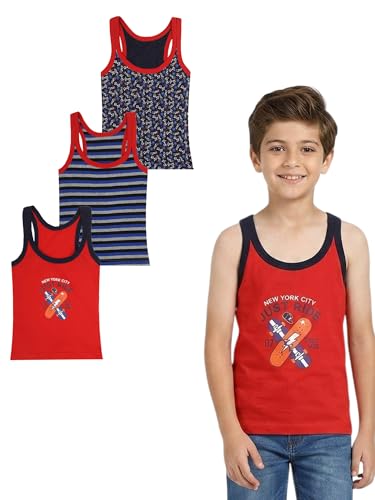 Image of Kids Boy's Regular Fit Vest| 100% Cotton| Skin Friendly | Lightweight | Sleeveless Design | Pack Of 3 (Color & Print May Vary)