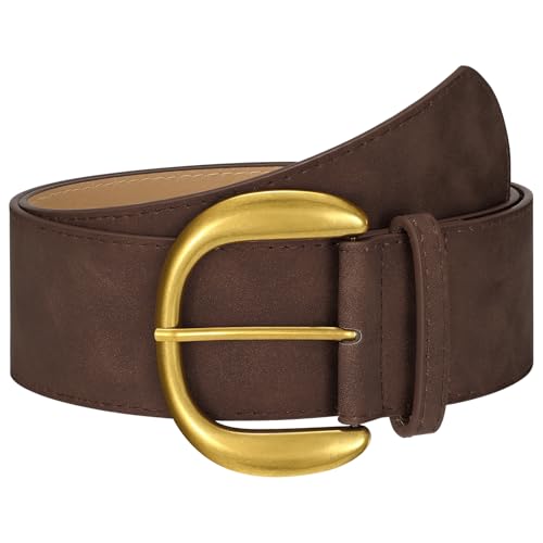SANSTHS Women Wide Leather Belt for Dresses Jeans Fashion Thick Suede Waist Belts Ladies Chunky Belts Dark Brown gold buckle S