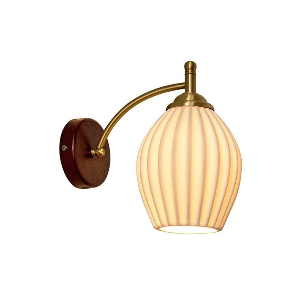 OZBMA Milk Ceramic Wall Sconce Antique Gooseneck Light Vintage Wood Lamp for Bedroom Bedside Living Room Study Hallway Lantern