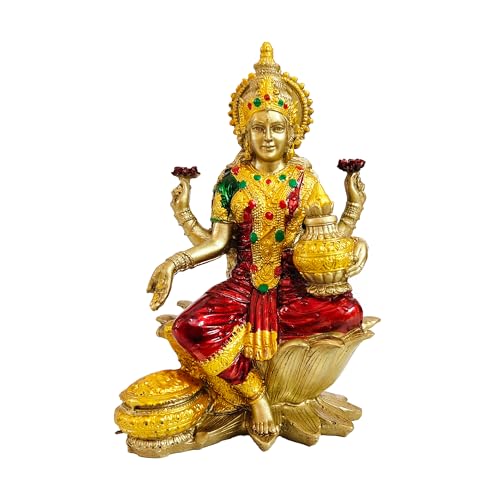 YASHONIDHI Lakshmi Devi Idol, 7 Inches, Gold and Maroon, Goddess Laxmi MATA Murti, for Pooja Room, for Home Decor, Office Decoration, for Good Luck and Wealth, Gift for All Occasions