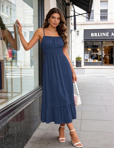 Image of GRACE KARIN Women's Summer Maxi Dress 2026,Smocked Ruched Bust Sundress with Adjustable Straps & Pockets-Beach Vacation Dress