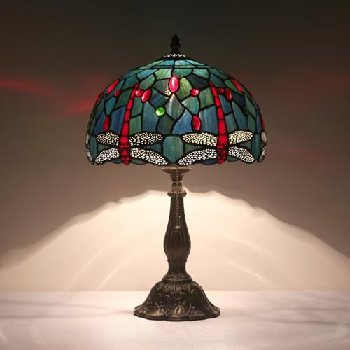 TFNALNB Tiffany Table Lamp Stained Glass Bedside Table Lamp Desk Reading Light 12 Inches Bedroom Living Room Home Office Decor LampRed Dragonfly
