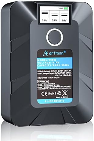 Artman V Mount Battery 72Wh - 100W PD Fast Charge, 400W Output, With D-Tap & USB-C For Cameras & Lights