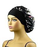 Satin Bonnet Silk Bonnet Hair Bonnet for Sleeping Satin Sleep Caps for Women Curly Hair Bonnets Large Silk Bonnet Shower Cap (Floral Black)