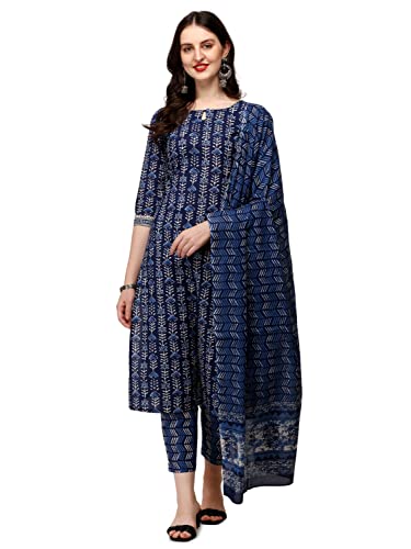 Image of FIORRA Women's Blue Pure Cotton Straight Kurta with Pant and Dupatta SET0049
