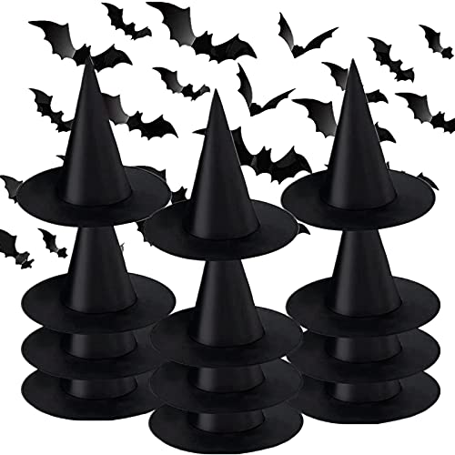 12 Pieces Halloween Witch Hat Halloween Party Decoration Hats and 36 PCS 3D Bat Halloween Wall Stickers, 4 Vary in Terms of Size and Posture Realistic PVC Scary Bat Sticker with Halloween Party Decorations Indoor Outdoor DIY Home Window Door Decor