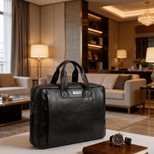 Image of VISMIINTREND Leather Office Laptop Bags for Men /Women | Stylish | Briefcase,Messenger Bags | Fits 13 inch,14 inch, 15.6 inch Macbook Laptops,Birthday Gift for Husband /Father | Corporate Gifts for Men (Black)