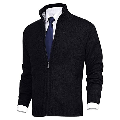 JEShifangjiusu Men's Full Zip Cardigan Sweater Stand Collar Casual Knitted Sweater Slim Fit Cable Knitted Sweater with Pocket, Black, X-Large