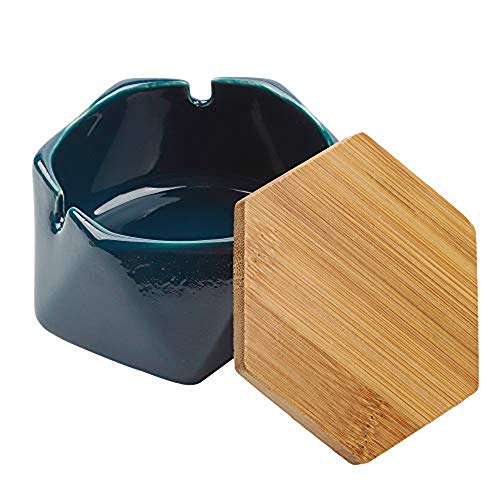 Cenicero de cerámica de madera con tapa, cenicero portátil para sala de estar y cenicero de oficina T